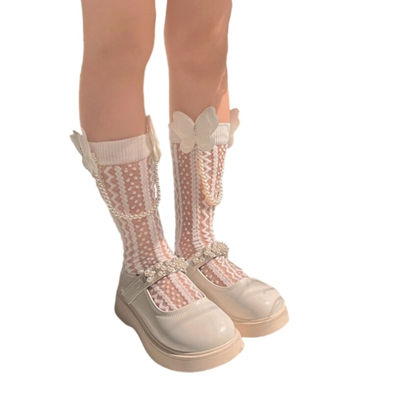 Meias elegantes com acabamento renda na altura da panturrilha para meninas meias empilhadas meias tubulares