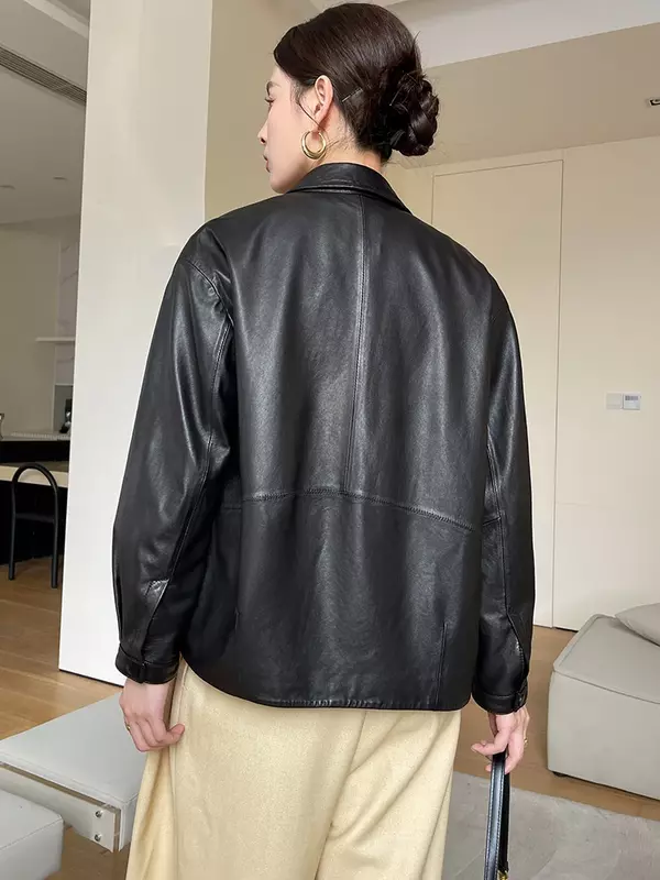 심플한 블랙 천연 가죽 재킷 여성용, 루즈핏 캐주얼 셔츠 칼라, 부드러운 리얼 양가죽 코트, 가을 2024 신상