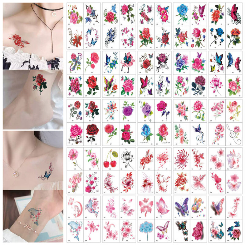 100 sztuk kwiat różany motyl wodoodporny tymczasowy tatuaż tymczasowy tatuaż na ciele fałszywy tatuaż naklejki