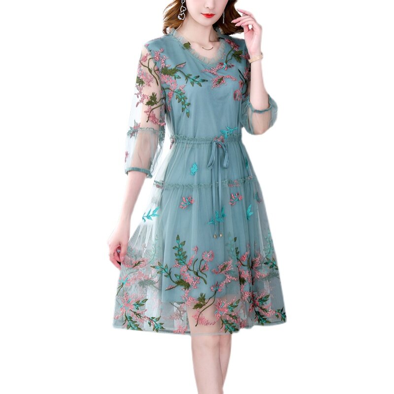 Женское шелковое платье с вышивкой и коротким рукавом, размеры до 5XL