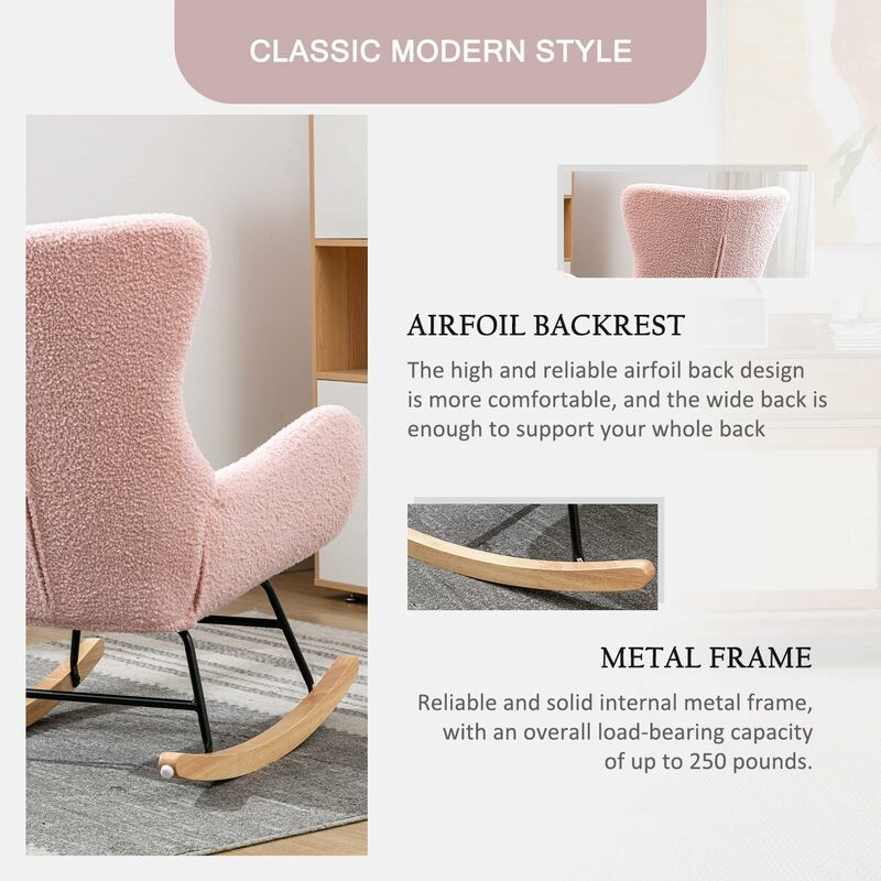 Rocking Chair with High Backrest and Armrests, Teddy Velvet Upholstered Baby Rocking Chair for Baby Nursery,Living Room,Bedroom