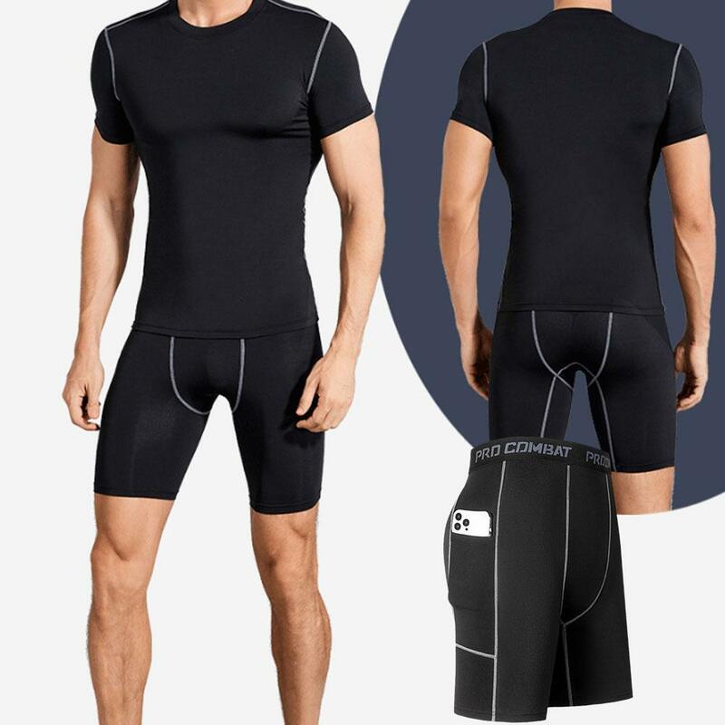 New Men‘s Compression Short Pants Elastic Quick Dry Running Fitness Shorts With Pocket Big Size Black Tight Gym Training Pants