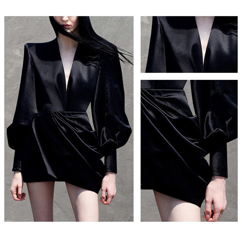 랜턴 슬리브 섹시한 v 넥 드레스, 블랙 레트로 드레스 유럽과 미국 스타일 패션쇼 패션 봄 가을 모델