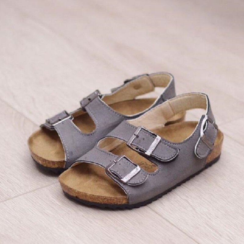 Sandália infantil antiderrapante, material em couro, para meninos e meninas, sapato de praia, em cortiça, cor sólida
