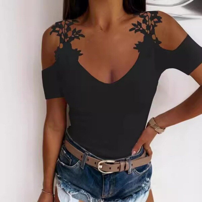 New Summer Sexy Solid Color Tanks Tops T-Shirt Fashion Off Shoulder Lace Short Sleeved Women's Grace V-neck Clothing for Party