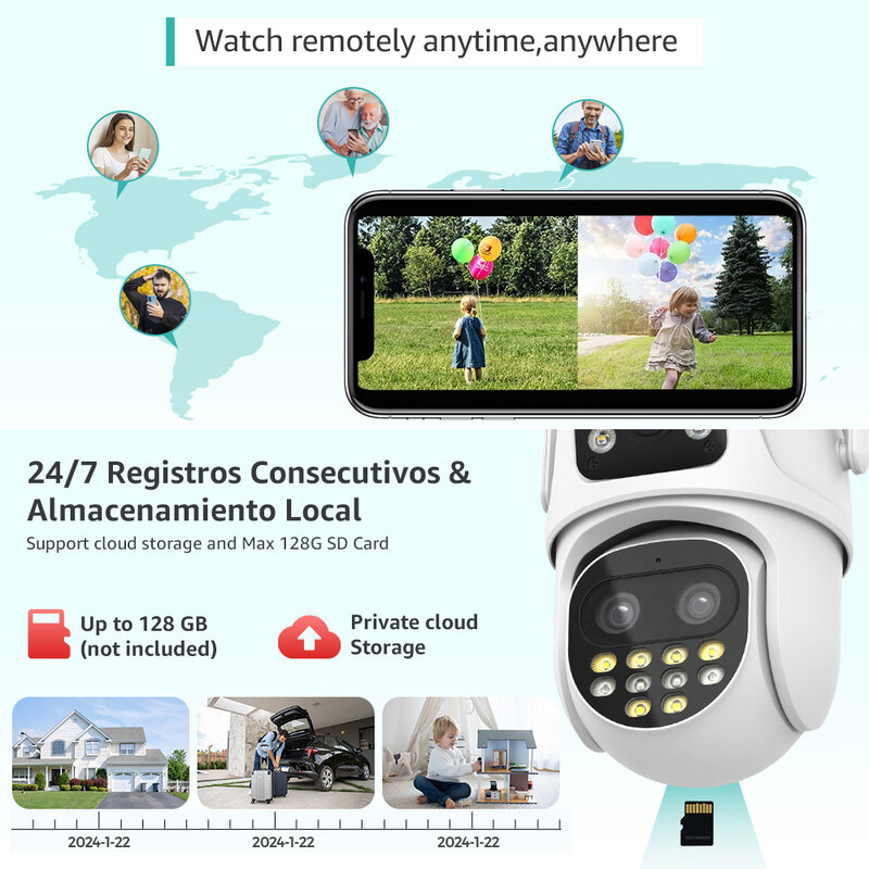 Câmera de Vigilância WiFi ao ar livre, PTZ, 9MP, 3 Lens, Zoom Digital 8X, AI Auto Tracking, Detecção Humanoid, Câmera de Segurança 4MP