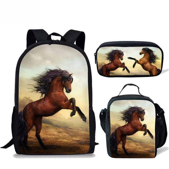 Klasyczne torby na plecaki dla koni z nadrukiem 3D 3 sztuk/zestaw torby szkolne dla uczniów mała torba na laptopa plecak pochylona torba na ramię piórnik