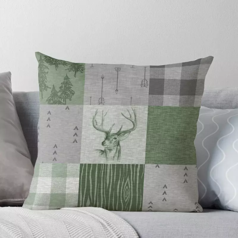 素朴な鹿のパッチワーク枕カバー,緑と灰色,装飾的なソファクッション,クリスマスの飾り,2024