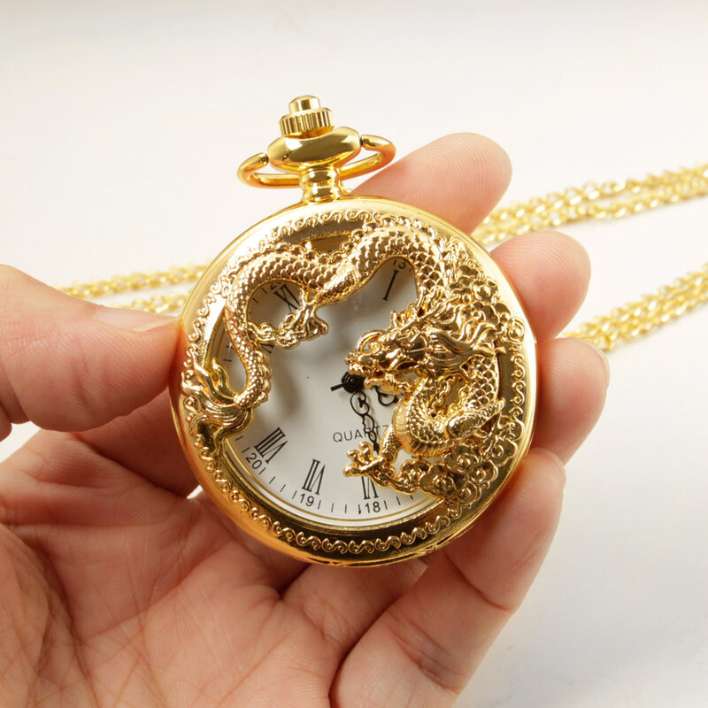 럭셔리 골드 드래곤 목걸이, 중국 스타일 펜던트 포켓 시계, 행운의 부적, 평화 마스코트, 여성 남성 선물