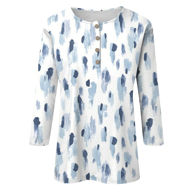 Damskie Casual Tops New Button V-Neck Fashion Print 3/4 Sleeves Retro Print T-Shirt Slim Top Ropa De Mujer Ofertas Camisetas