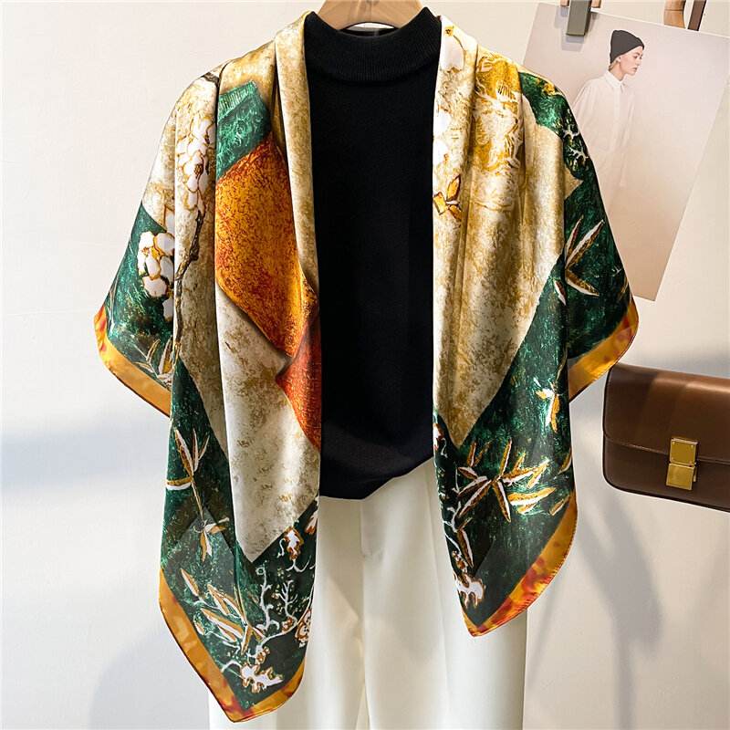 Bufanda cuadrada de seda para mujer, chal grande de diseño, protector solar, Hijabs, 2023 cm x 110cm, Foulard, 110