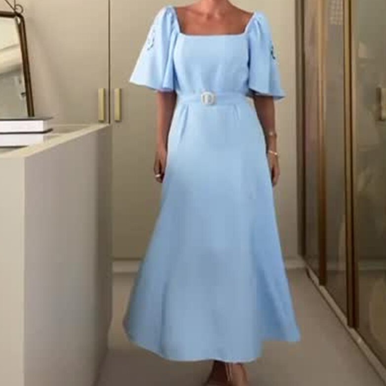 Женское длинное платье с квадратным вырезом, однотонное платье выше колена с рукавами-лепестками и высокой талией для отдыха, весна-лето 2024