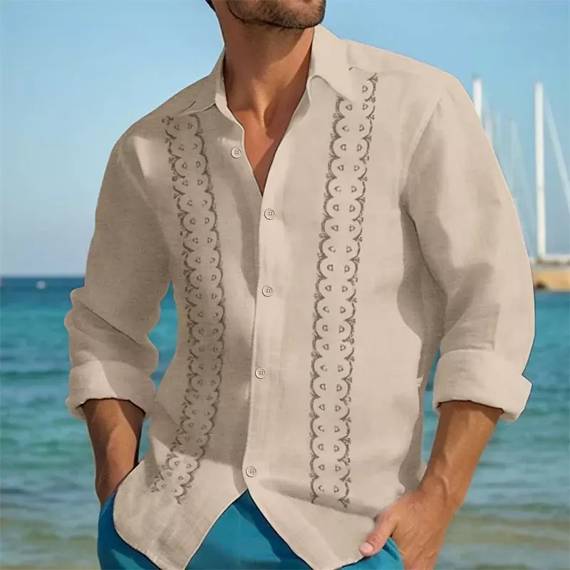 Camicie di lino da uomo camicie Casual a maniche lunghe con risvolto a righe abiti da festa hawaiani abbigliamento top comodi