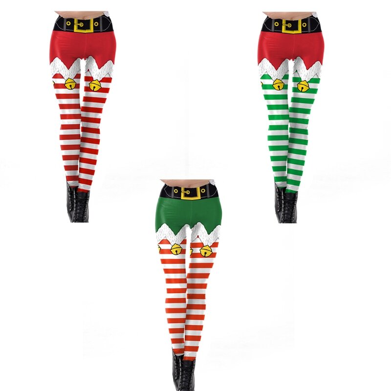 Leggings imprimés faux elfes noël pour femmes, collants vacances à rayures avec ceinture amusante, taille moyenne, Costume