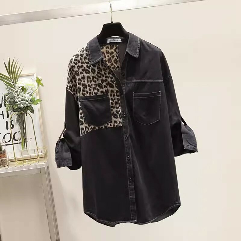 Camisa jeans feminina com estampa de leopardo, manga comprida, vaqueiro solto, casual polo feminino, primavera, outono, novo, 2024