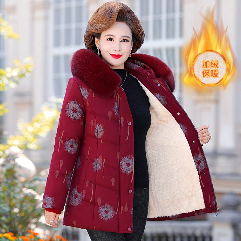Veste d'hiver en coton pour femmes d'âge moyen, manteau chaud épais en molleton imprimé Floral, parka grande taille à capuche pour dames