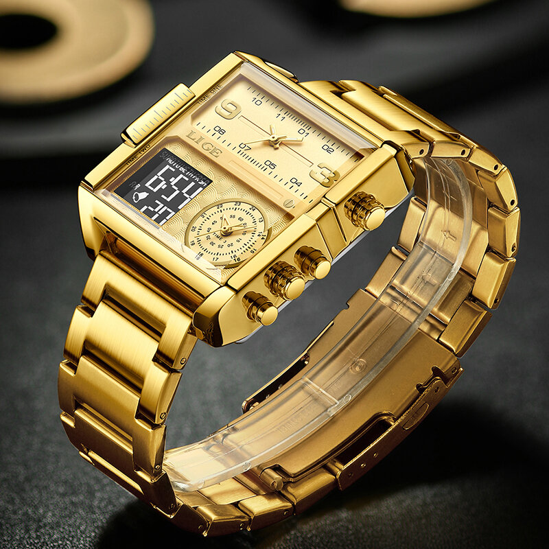 Часы наручные LIGE Мужские кварцевые, роскошные оригинальные спортивные золотистые водонепроницаемые с двойным дисплеем из стали