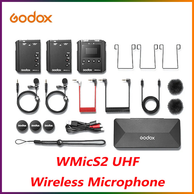 Sistema de microfone compacto sem fio Godox WMicS2 UHF, Microfone Lavalier profissional para Vlog Video, DSLR, Smartphone, Gravação Entrevista