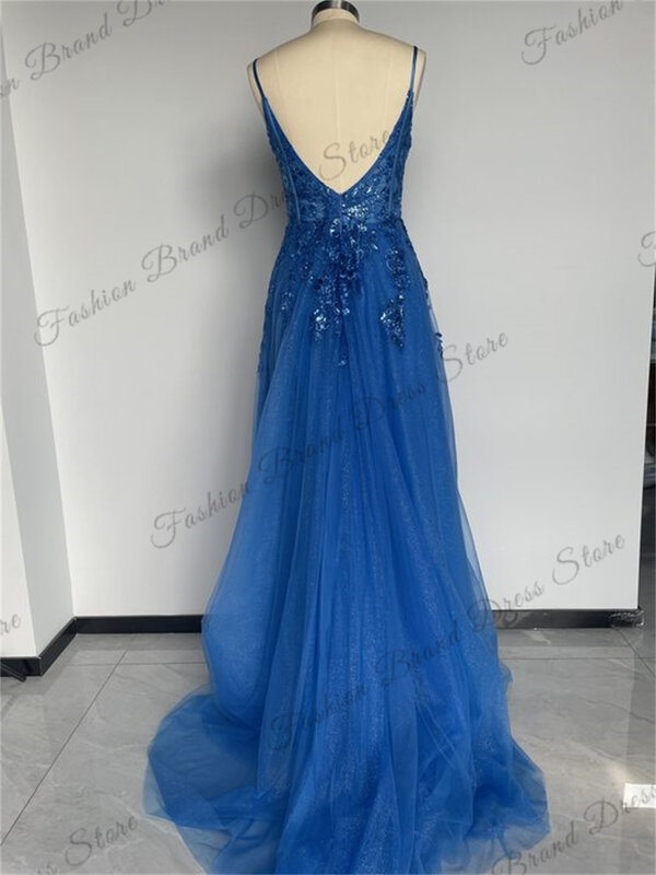 Spaghetti Straps Strapless Tulle Evening Dresses With Split Sparkly Corset Sleeveless Ball Gowns A-Line Long Formal Prom Gowns