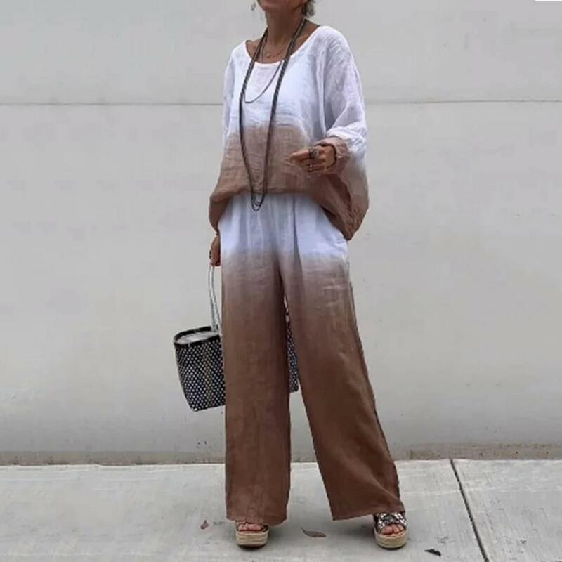 Summer Casual Wear Clothes Gradient Contrast Color Women's Top Pants Set with O Neck Long Sleeve T-shirt Wide Leg for Daily