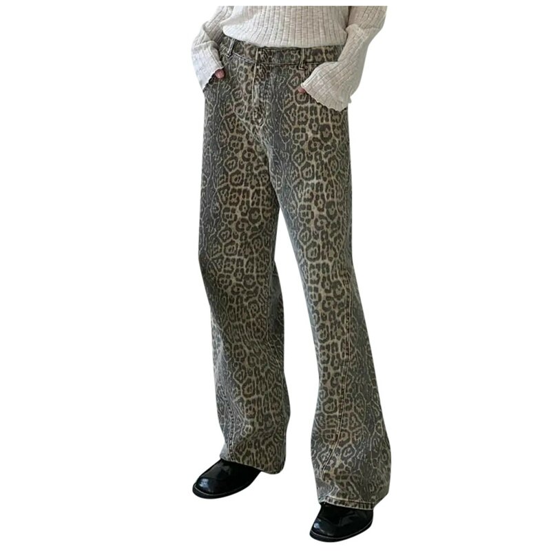 Ladies Vintage Leopard Print Denim Jeans 2024 Y2k Leisure Retro Streetwear Wide Leg Pants Relaxed Fit Boho Vibe Design Trouser