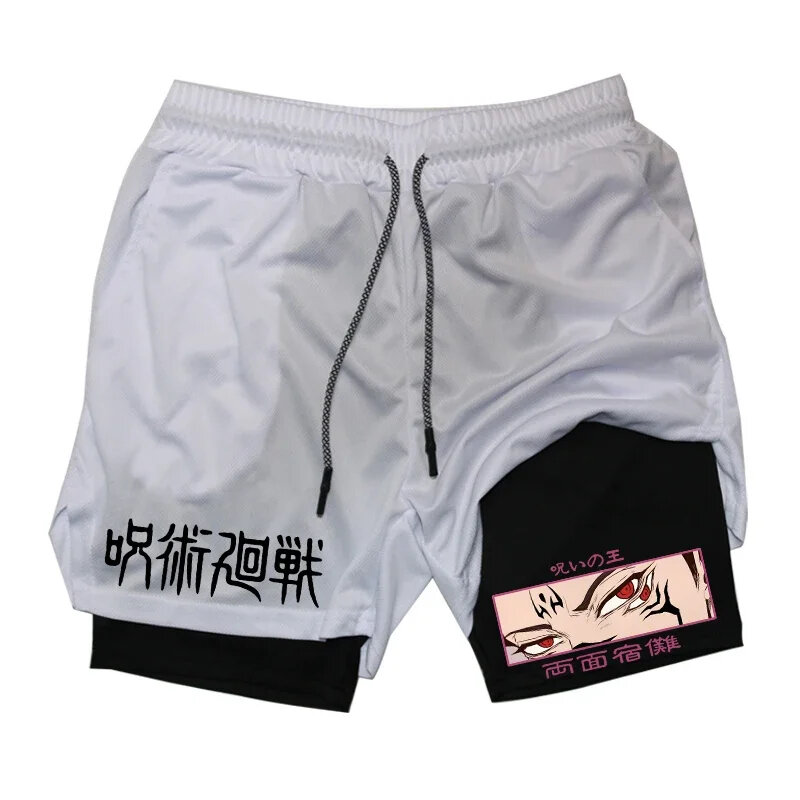 Shorts de compressão masculinos Itadori Yuji, Jujutsu Kaisen, calções de ginástica para esportes de basquete com bolsos, anime 2 em 1