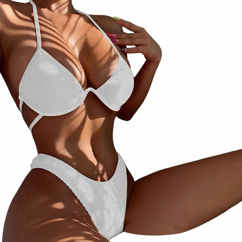 2024 Bikini tali Halter baju renang Solid Trikini Push Up pakaian renang seksi polos populer kain berlipat baju renang terpisah wanita