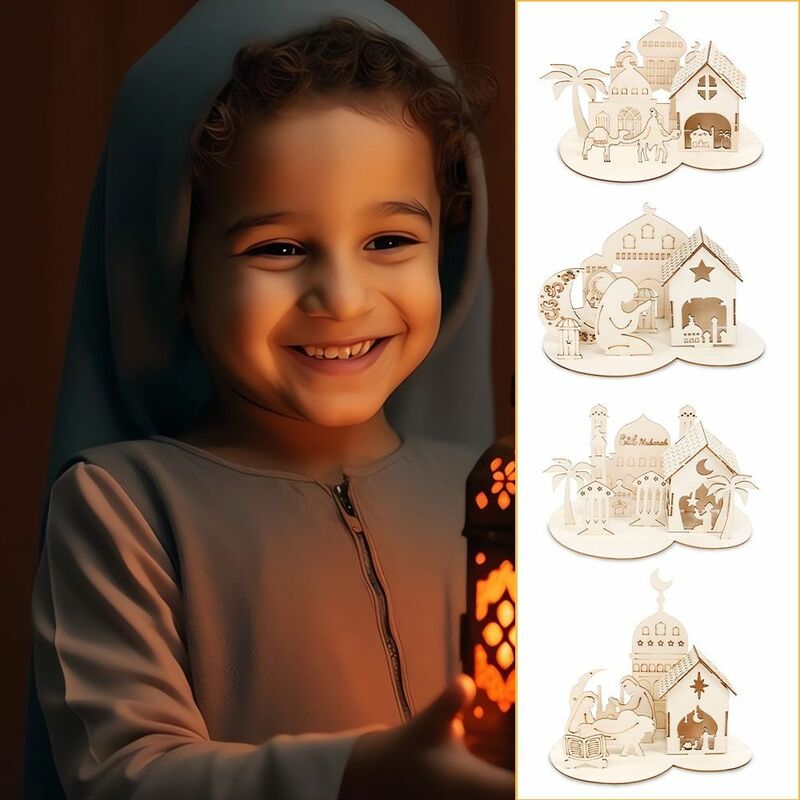 Ornamen meja Kastil kayu dekoratif, dapat dilepas ornamen meja Ramadan dekorasi Lebaran buatan tangan ornamen Kastil 3D