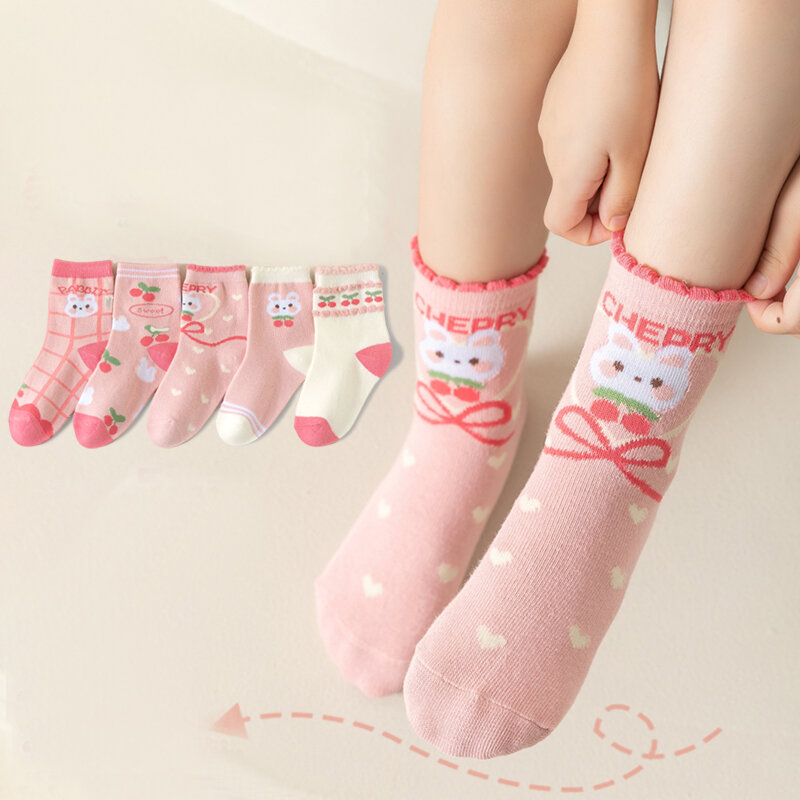 Spring and Autumn Children's Socks Little Girl Cotton Socks Girl Baby Cute Mid Tube Socks  Four Seasons 5 Pairs