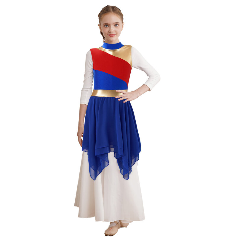 Dziecięca dziewczynka metaliczna sukienka do tańca pochwalnego bez rękawów szyfonowa nakładka liryczna odzież taneczna Color Block suknia kościelna kostium uwielbienia nastolatków