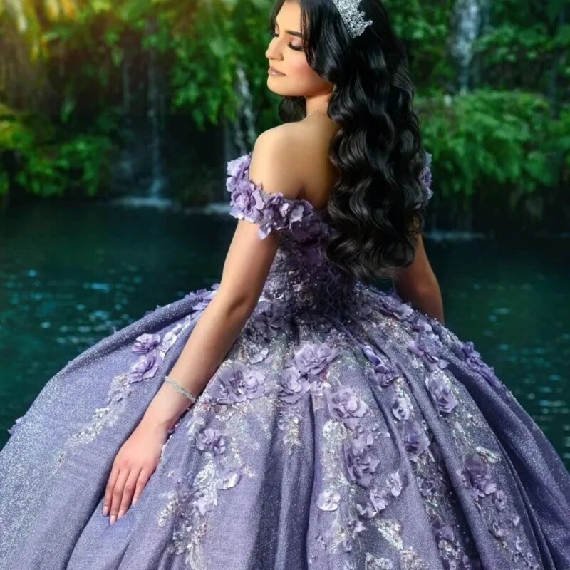 Purple Sweetheart Neck Quinceanrra Prom Dresses Charming 3D Flower Princess Long Luxury Shiny Sweet 16 Dress Vestidos