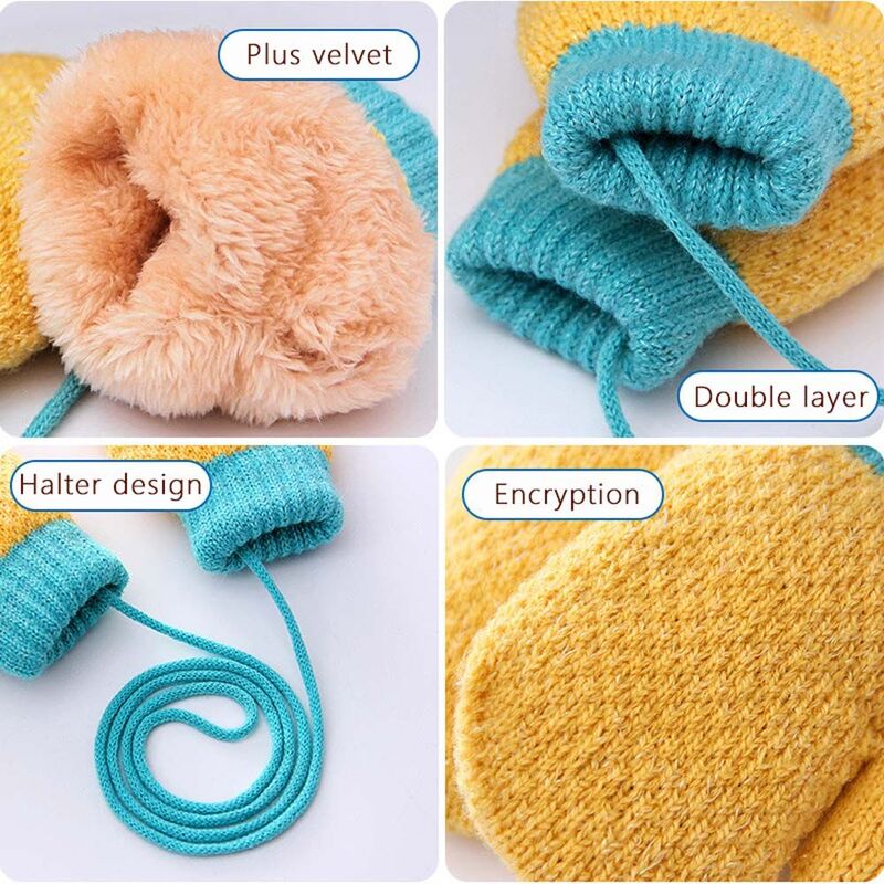 Soft Autumn Winter Thickened Children Toddler Full Finger Baby Gloves With Rope Knitted Gloves Warm Mittens