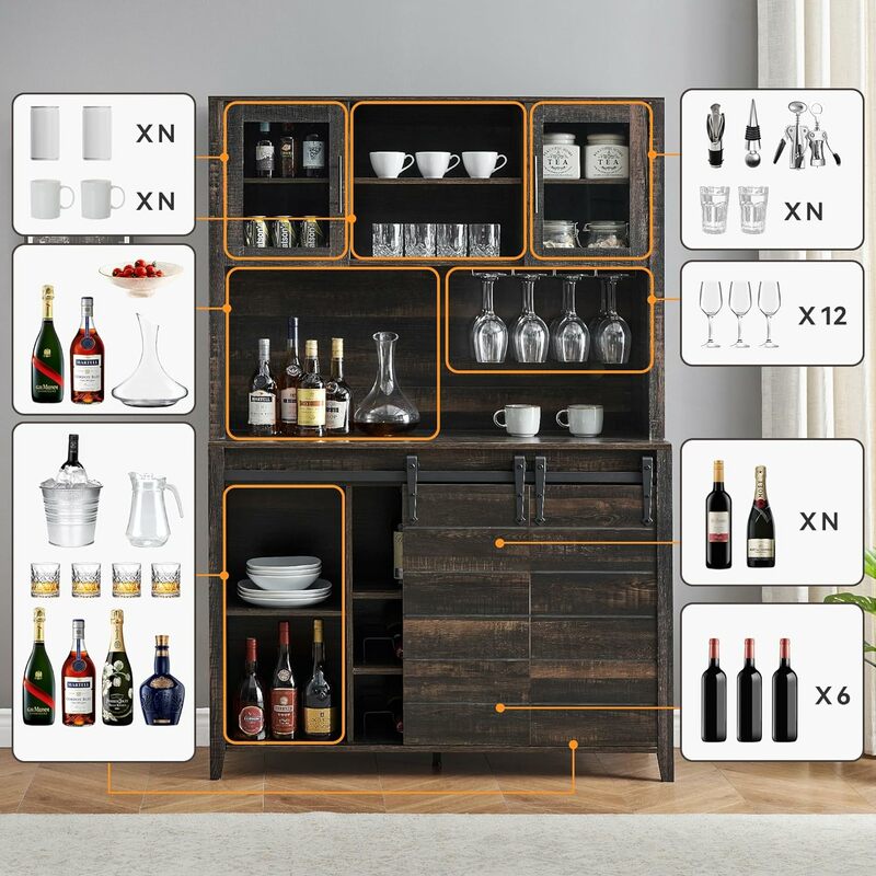 Coffee Bar Cabinet w/ Sliding Barn Doors, 70'' Kitchen Hutch Cabinet with Storage, Wine&Glasses Rack, Tall Buffet Cabinet, Oak