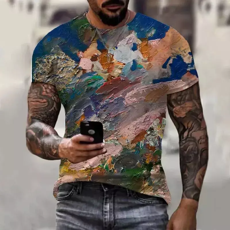 T-shirt kerah O Pria Musim Panas terbaru gaya lukisan minyak gambar 3D gaya busana kasual Harajuku warna lengan pendek pria