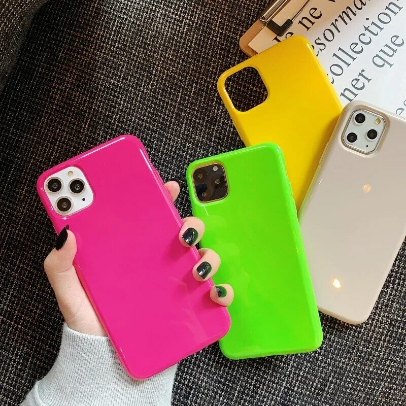 Silicone solide néon Fluorescent jaune vert étui de téléphone pour iPhone 11 Pro Max X XS XR 8 7 6 S Plus SE 2 couverture souple mode