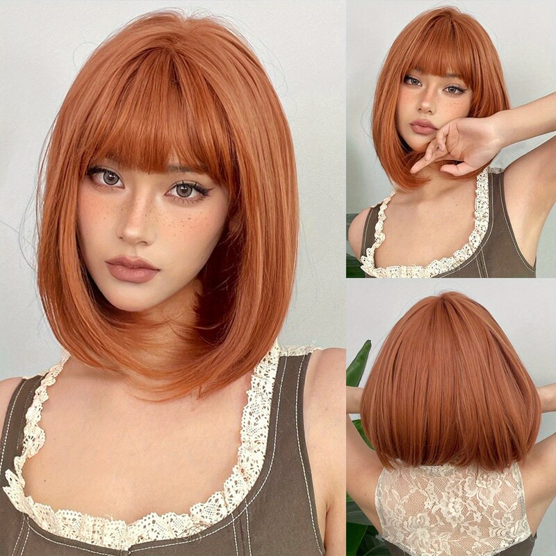 SNQP parrucca sintetica corta marrone chiaro per le donne parrucca Bob dritta da 14 pollici con frangia per fibra ad alta temperatura per feste Cosplay quotidiane
