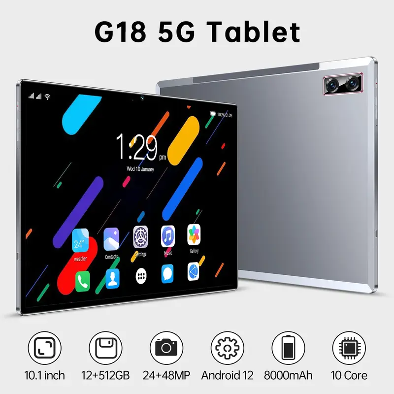 2023 più recente versione Gobal Tablet Android G18 10.1 pollici Android 12 Bluetooth 12GB 512GB Deca Core 24 + 48MP WPS + 5G WIFI Laptop