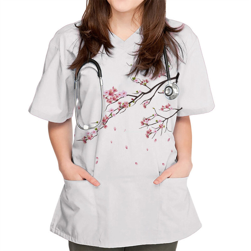 Damski strój pielęgniarski z kwiatowym nadrukiem, Top z dekoltem w szpic z krótkim rękawem, mundur roboczy, drukowana kieszeń, nowy styl