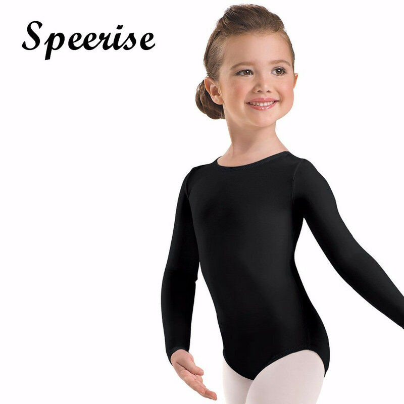 SPEERISE สาว Spandex Scoop คอยาวแขนยาว Leotard เด็กสีดำยิมนาสติก Leotards บัลเล่ต์เต้นรำเด็กวัยหัดเดิน Zipper บอดี้สูท