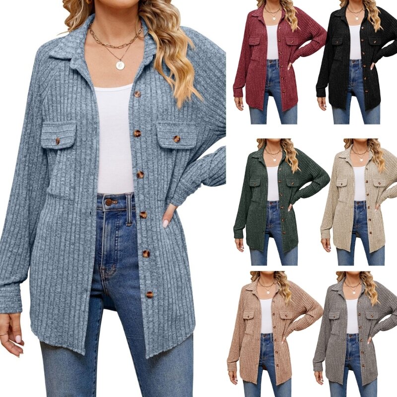 Women's Winter Ribbed Fleece Button Down Outwear Coat with Two Chest Pockets Trendy Solid Color Warm Tops Dropship
