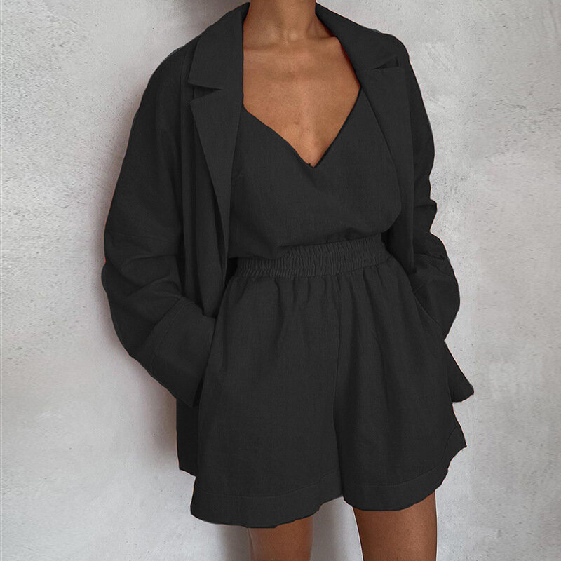 Elegante terno de três peças feminino, colete preto solto, shorts cardigan, camisa, roupas da moda, 2024