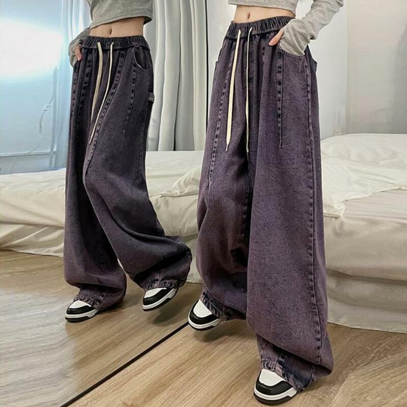 Unisex Denim Jeans Vintage Wide Leg Denim Jeans with Elastic Waist Crotch Pockets for Women Hop Streetwear Straight Pants Solid