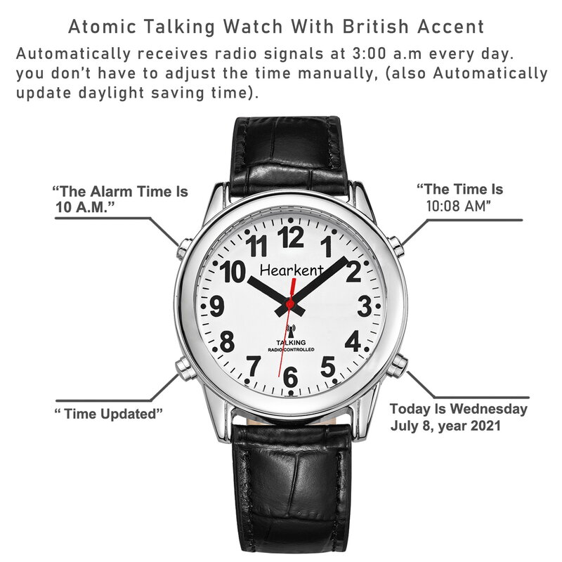 Relógio feminino Hearkent-Talking, relógio de pulso cego com números grandes, alça expansível, ajuste automático para imajuste visual, quartzo