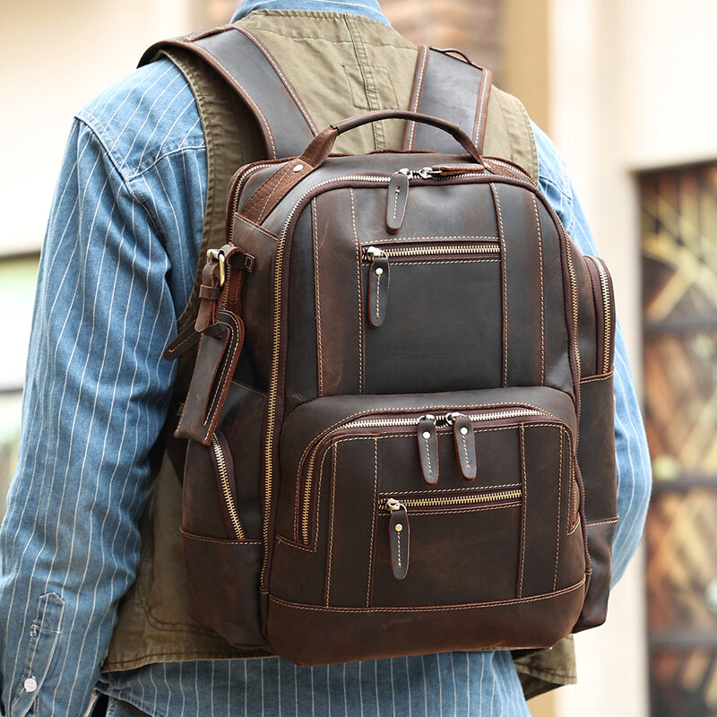 Europejski i amerykański, nowy 15.6-calowy plecak męski o dużej pojemności torba podróżna staromodny skórzany plecak dla mężczyzn