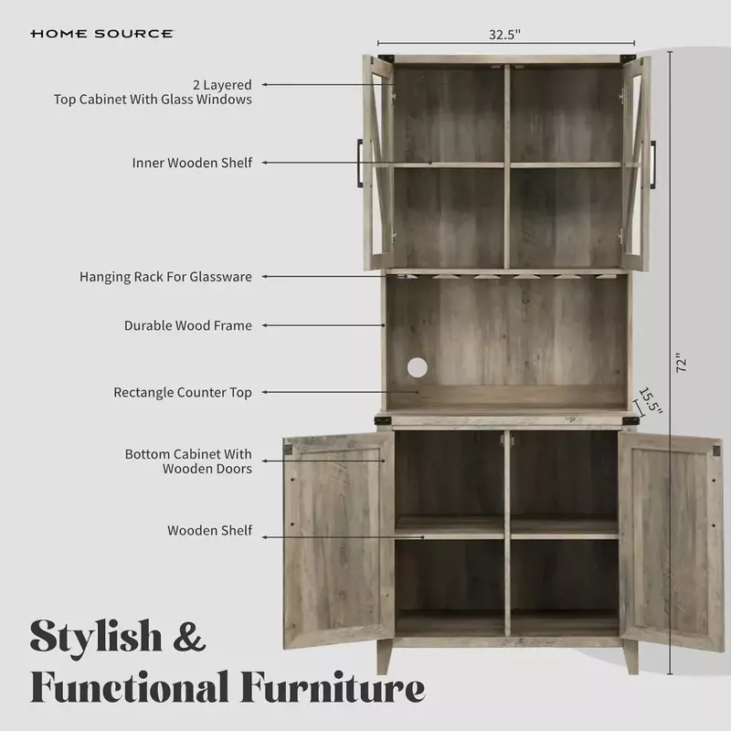 Home Source Grey Wash Bar Cabinet with Upper Glass Cabinet，Living room cabinets, cupboards, home bar cabinets