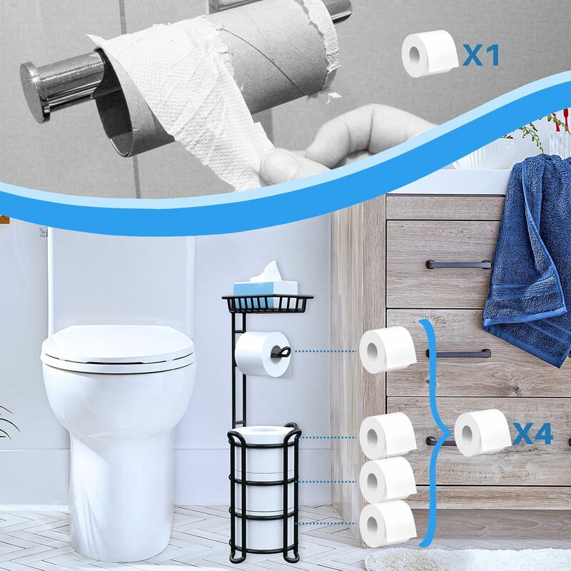 Toilet Paper Holder Stand with Shelf, Free Standing Toilet Tissue Roll Storage RackDispenser JumboPaper, for Bathroom, Black