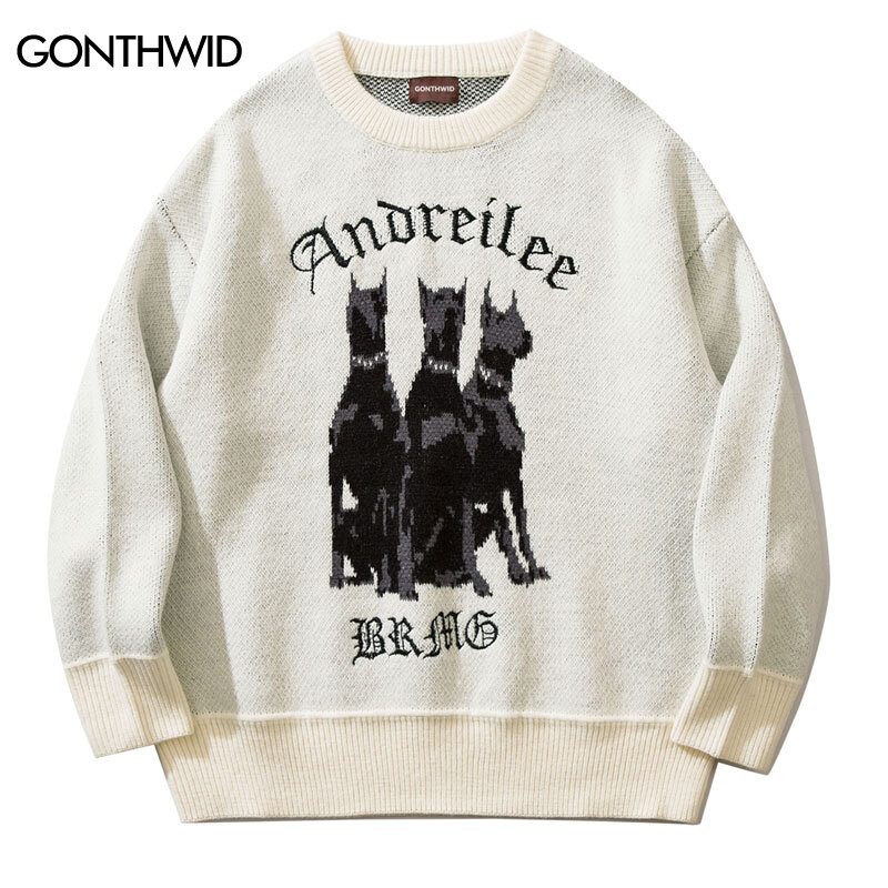 Mężczyźni Vintage sweter Streetwear Hip Hop Vintage dzianiny Doberman swetry dla psów 2022 jesień Harajuku moda Retro swetry w stylu Casual