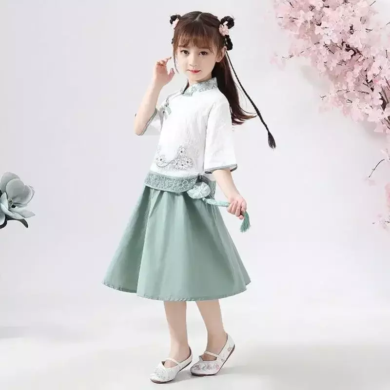Starożytny kostium dla dzieci w stylu chińskim mała dziewczynka strój Tang 2023 lato nowa sukienka ceremonia ukończenia szkoły Hanfu śliczna sukienka w stylu Qipao