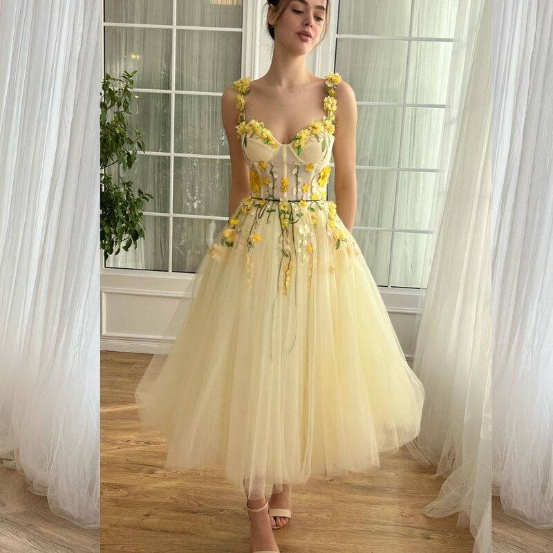 High Quality Sparkle Exquisite Tulle Applique Pleat Formal Evening A-line Spaghetti Strap Bespoke Occasion Gown Midi Dresses
