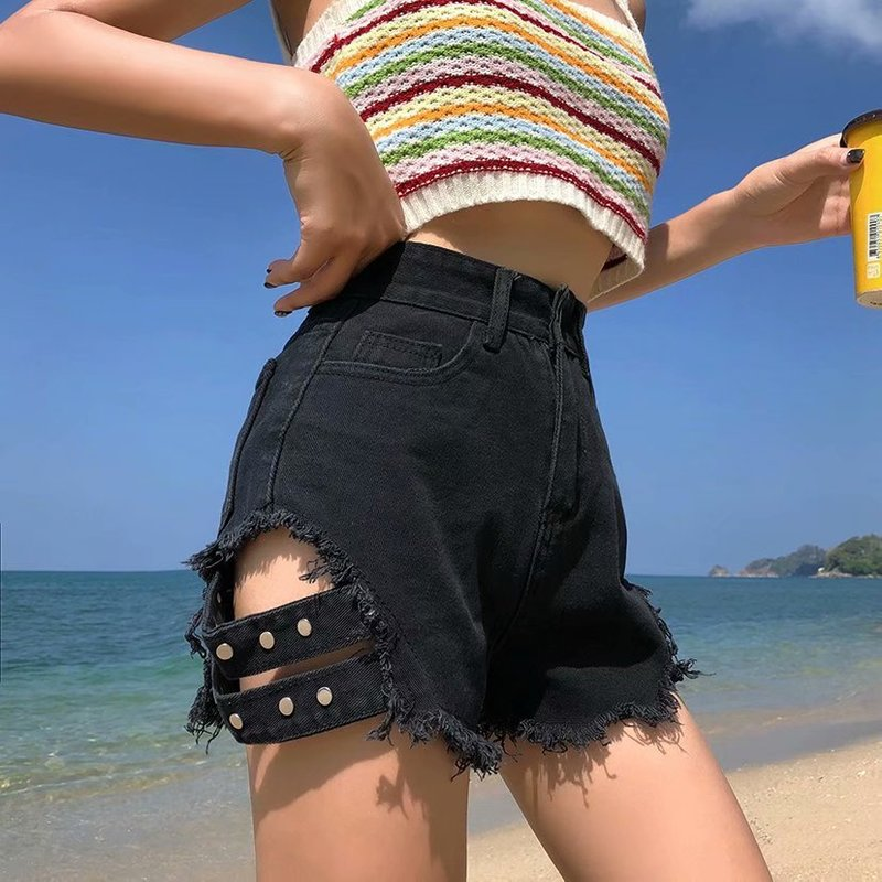 Summer high waist ripped jeans Harajuku punk shorts Korean version sweet loose and thin shorts Y2k women's shorts streetwear